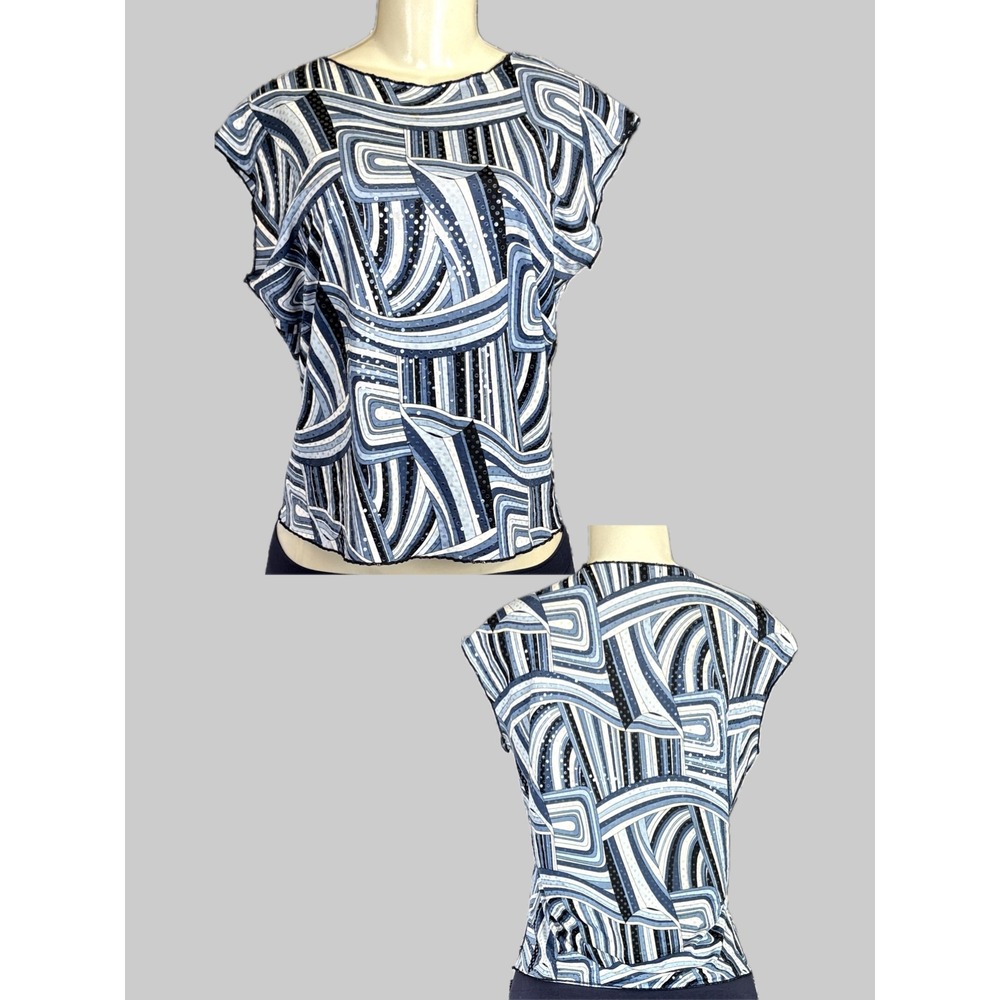 Jaipur M Vintage 90s Blue Gray Abstract Line Art Clear Sequin Cap Sleeve Blouse